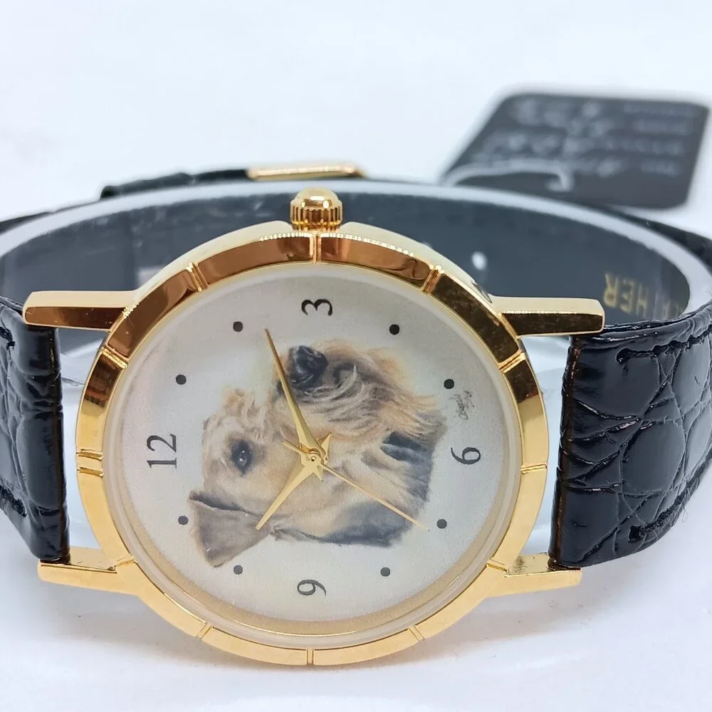 Airedale Terrier 33mm Women's Gold Tone Black Leather Band Dog Watch